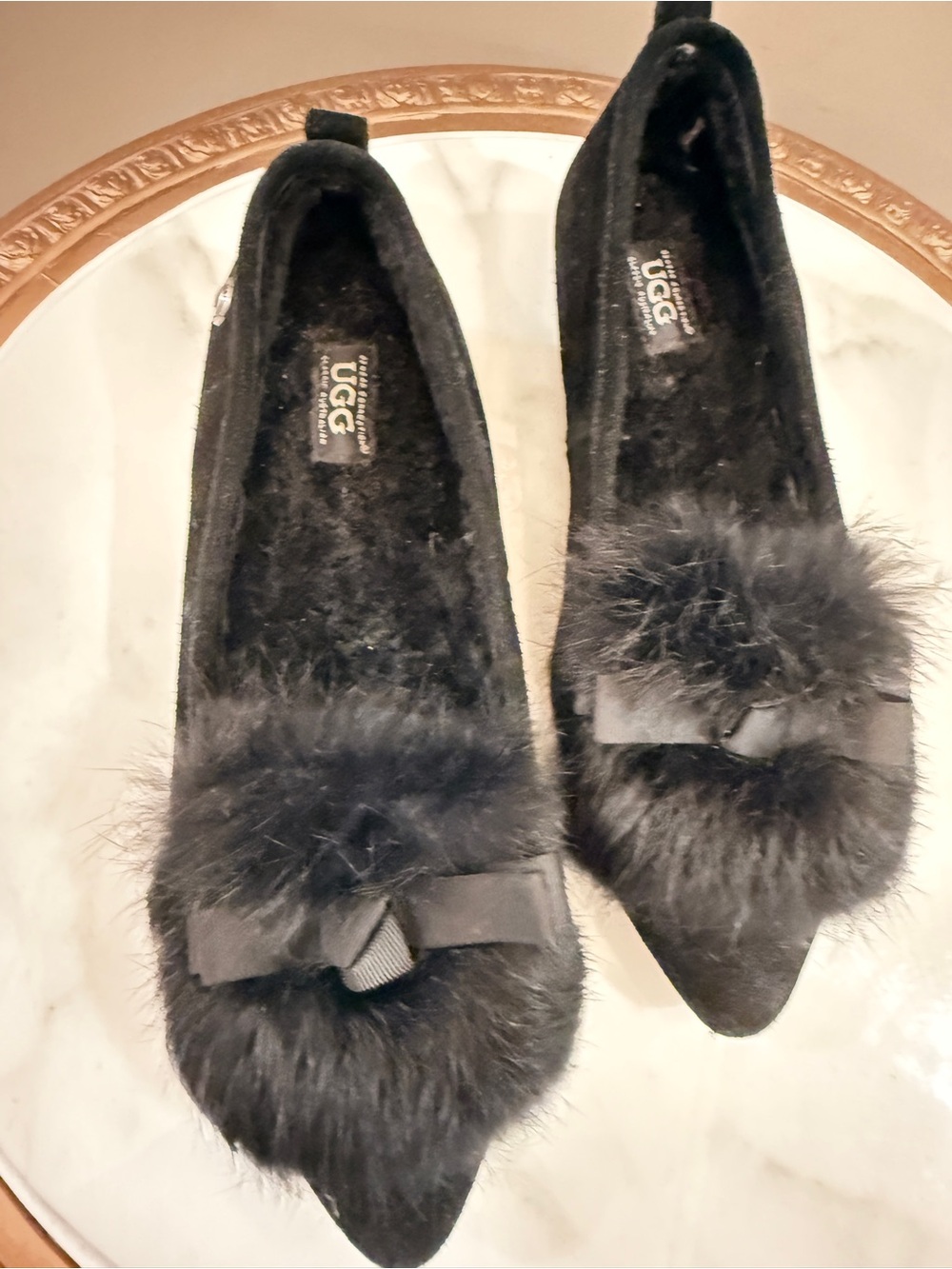 UGG Black Faux-Fur Pointed-Toe Flats with Bow